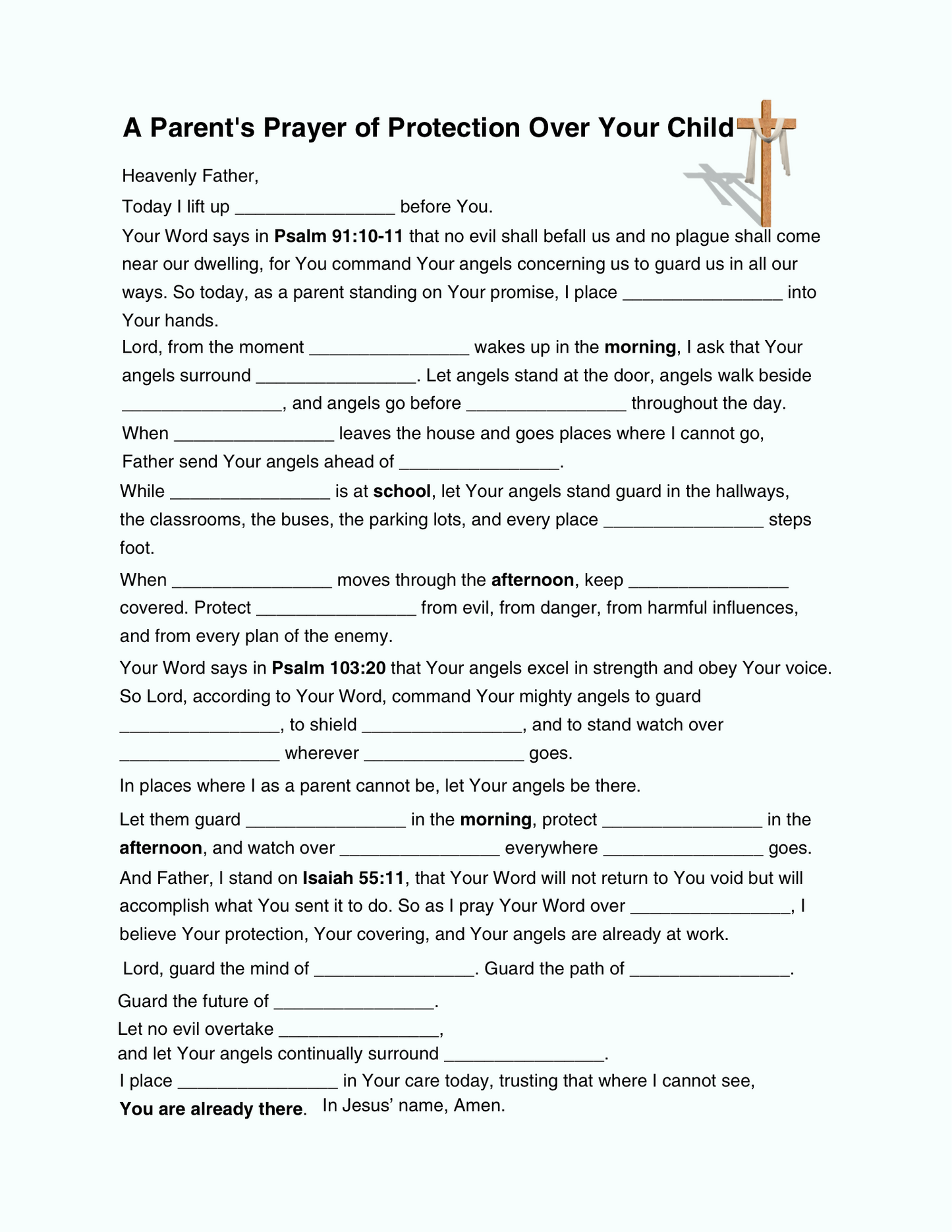A Parent's Prayer of Protection Over Your Child - Prayer Card