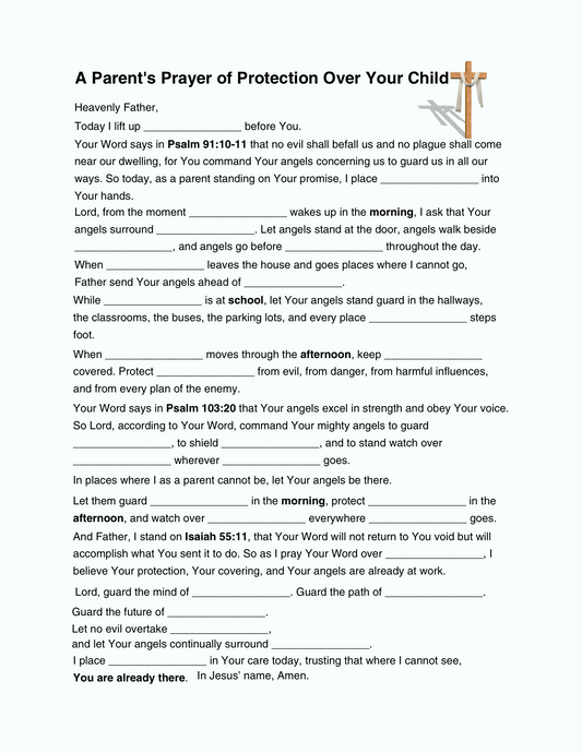 A Parent's Prayer of Protection Over Your Child - Prayer Card